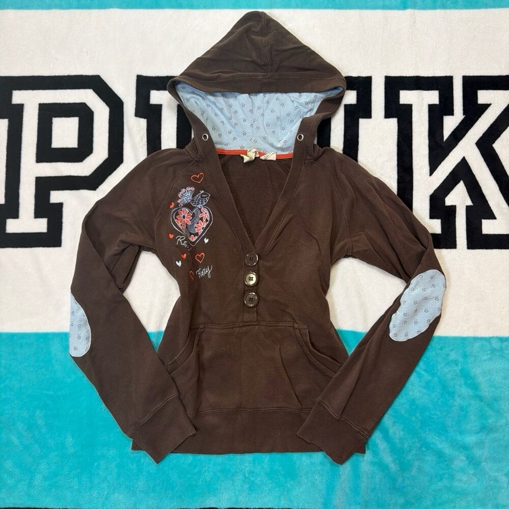Roxy Vintage Y2K Deep V Button Hoodie Brown Henley Knit Elbow Patch Size Large